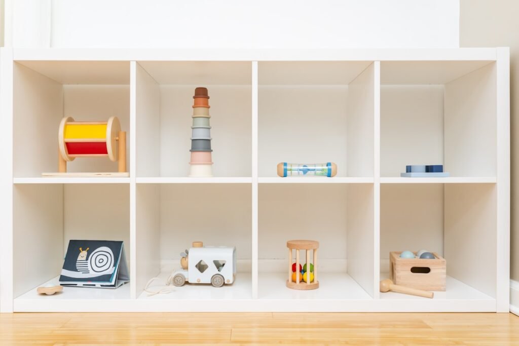 Shelf of wooden Montessori educational toys